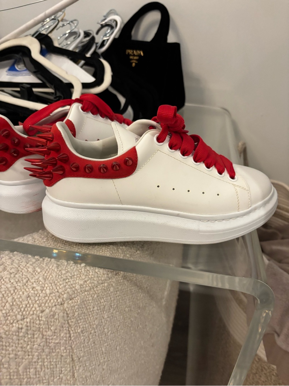 Alexander McQueen White Sneakers with Red Spiked Heel and Red Laces